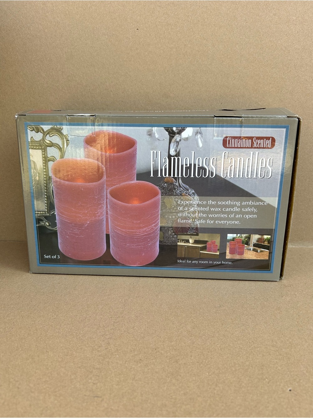 Flameless LED Pillar Candles Cinnamon Scented Real Wax Set of 3 Flickering